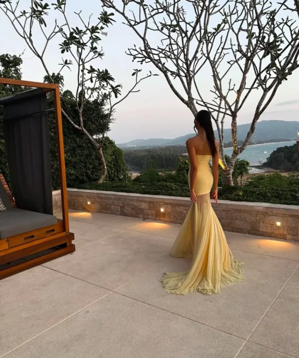 See Through Solid Pleated Strapless Dress - Image 20