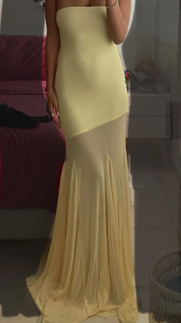 See Through Solid Pleated Strapless Dress - Image 23
