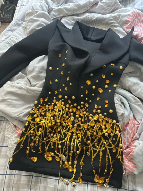 Crystal Chains Pearls Long Sleeve Mini Dress - Image 45