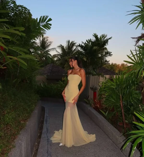 See Through Solid Pleated Strapless Dress - Image 22