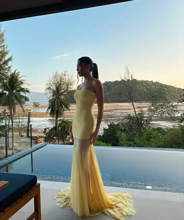 See Through Solid Pleated Strapless Dress - Image 21