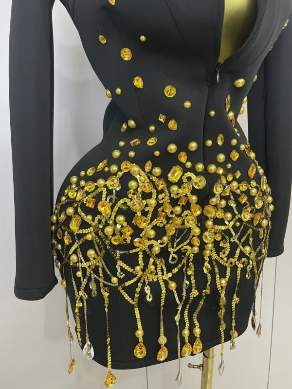 Crystal Chains Pearls Long Sleeve Mini Dress - Image 16