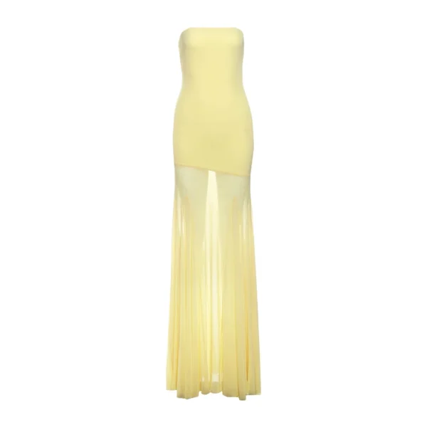 See Through Solid Pleated Strapless Dress - Image 7