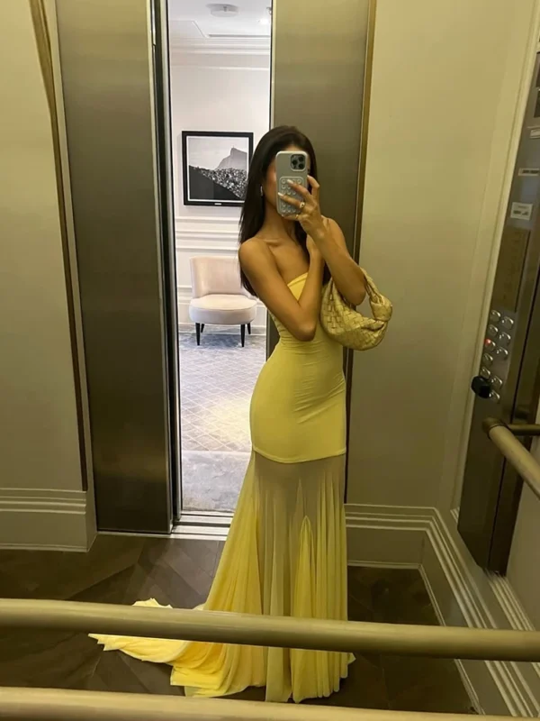 See Through Solid Pleated Strapless Dress - Image 17