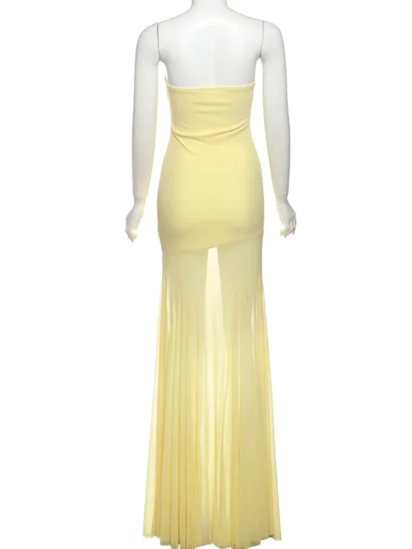See Through Solid Pleated Strapless Dress - Image 10