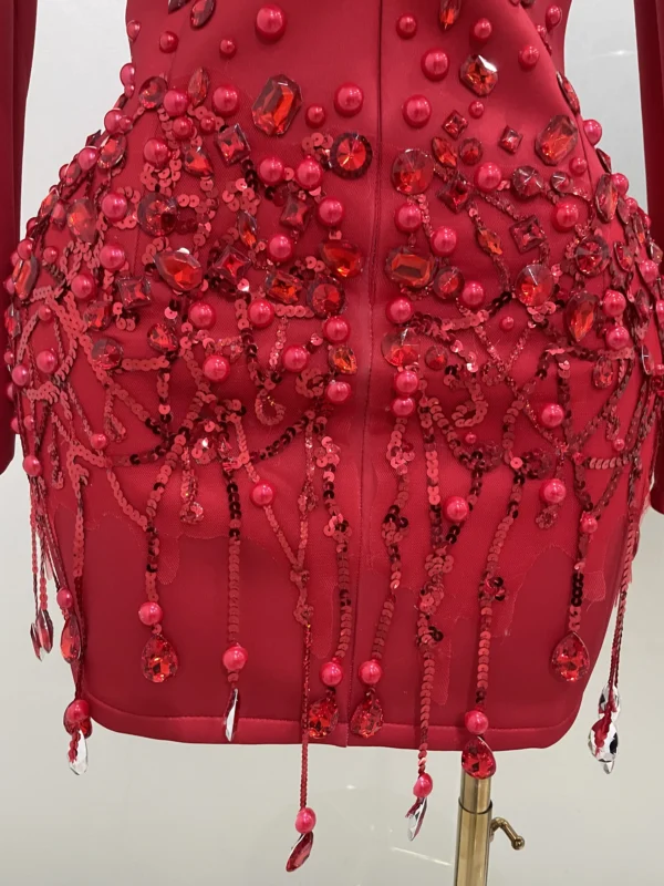Crystal Chains Pearls Long Sleeve Mini Dress - Image 33