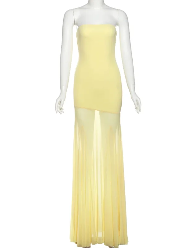 See Through Solid Pleated Strapless Dress - Image 8