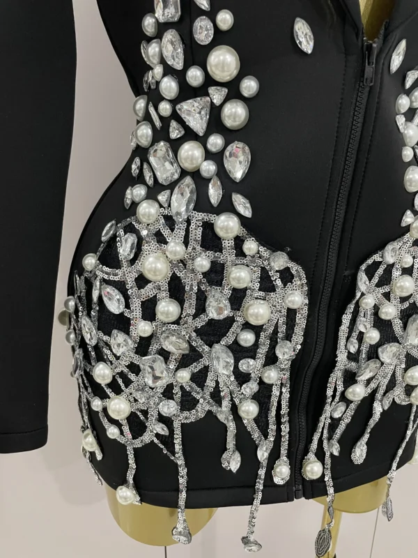 Crystal Chains Pearls Long Sleeve Mini Dress - Image 44