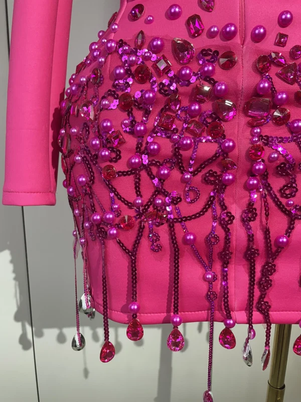 Crystal Chains Pearls Long Sleeve Mini Dress - Image 25