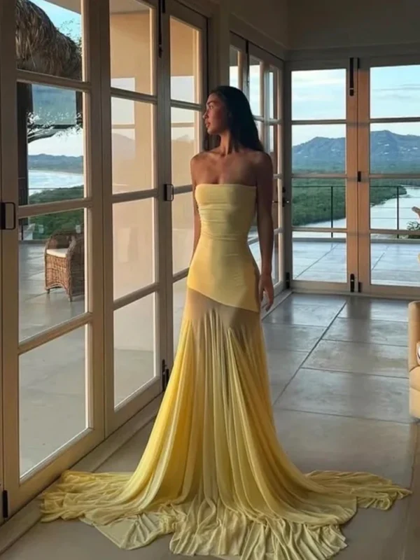 See Through Solid Pleated Strapless Dress - Image 18