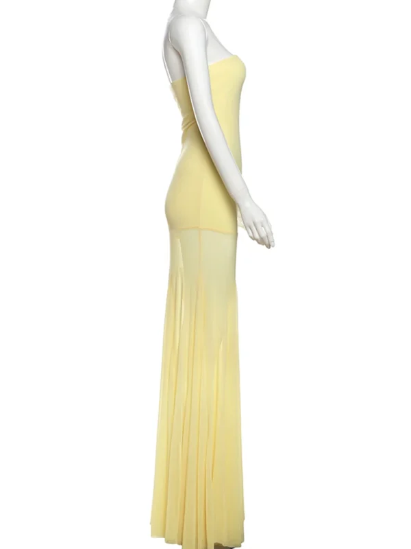 See Through Solid Pleated Strapless Dress - Image 9