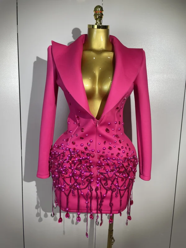 Crystal Chains Pearls Long Sleeve Mini Dress