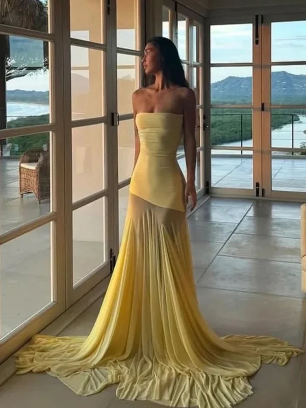 See Through Solid Pleated Strapless Dress - Image 19