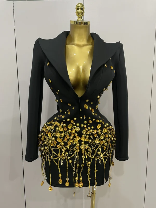 Crystal Chains Pearls Long Sleeve Mini Dress - Image 5