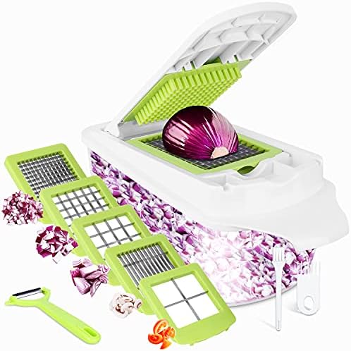 12 in 1 Vegetable Chopper Vegetable Dicer Multifunctional Vegetable Cutter Salad Chopper Onion Chopper Potato Cutter Onion Dicer Veg Dicer Veg Chopper with Container, Peeler, Cleaning Brush Amazon.co.uk: Home & Kitchen