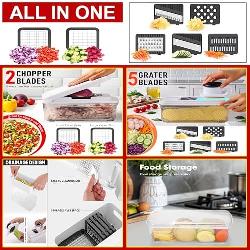 SHAHARIA Vegetable Chopper, 14-in-1 Food Slicer, Onion Chopper, Mandoline Vegetable Slicer, Cutter, Spiralizer, 7 Stainless Steel Blades and Includes a Food Storage for Kitchen. Amazon.co.uk: Home & Kitchen - Image 12
