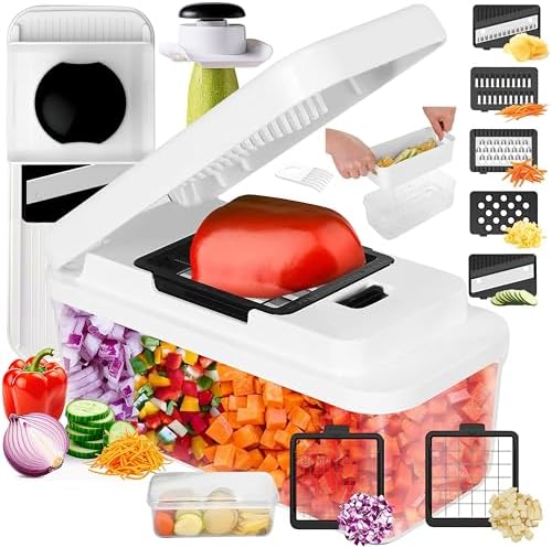 SHAHARIA Vegetable Chopper, 14-in-1 Food Slicer, Onion Chopper, Mandoline Vegetable Slicer, Cutter, Spiralizer, 7 Stainless Steel Blades and Includes a Food Storage for Kitchen. Amazon.co.uk: Home & Kitchen