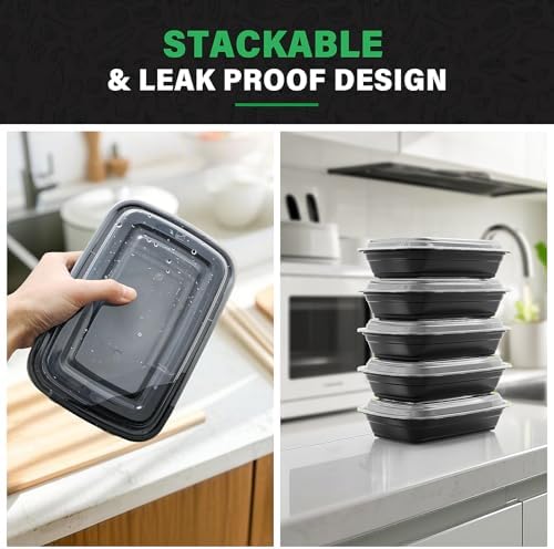 Femora 50 Pack 32 oz Reusable Meal Prep Containers with Lids - Bento Plastic Lunch Box for Food Storage, Take-Out & Meal Prep | Microwave, Dishwasher, Freezer Safe Amazon.co.uk: Home & Kitchen - Image 3